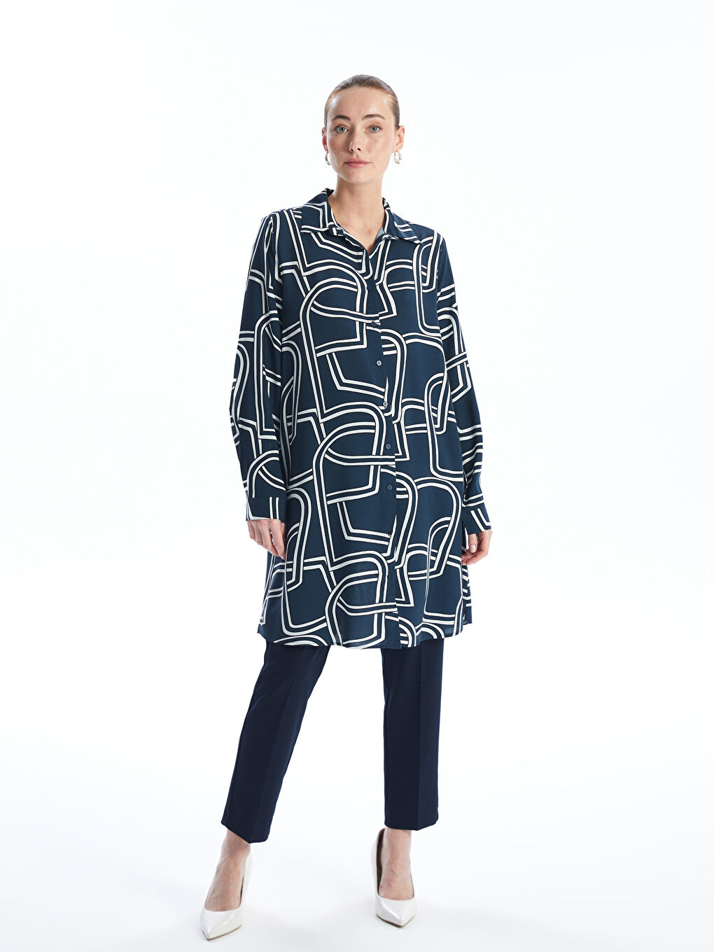 Mavi Desenli Kadın Gömlek Tunik-2