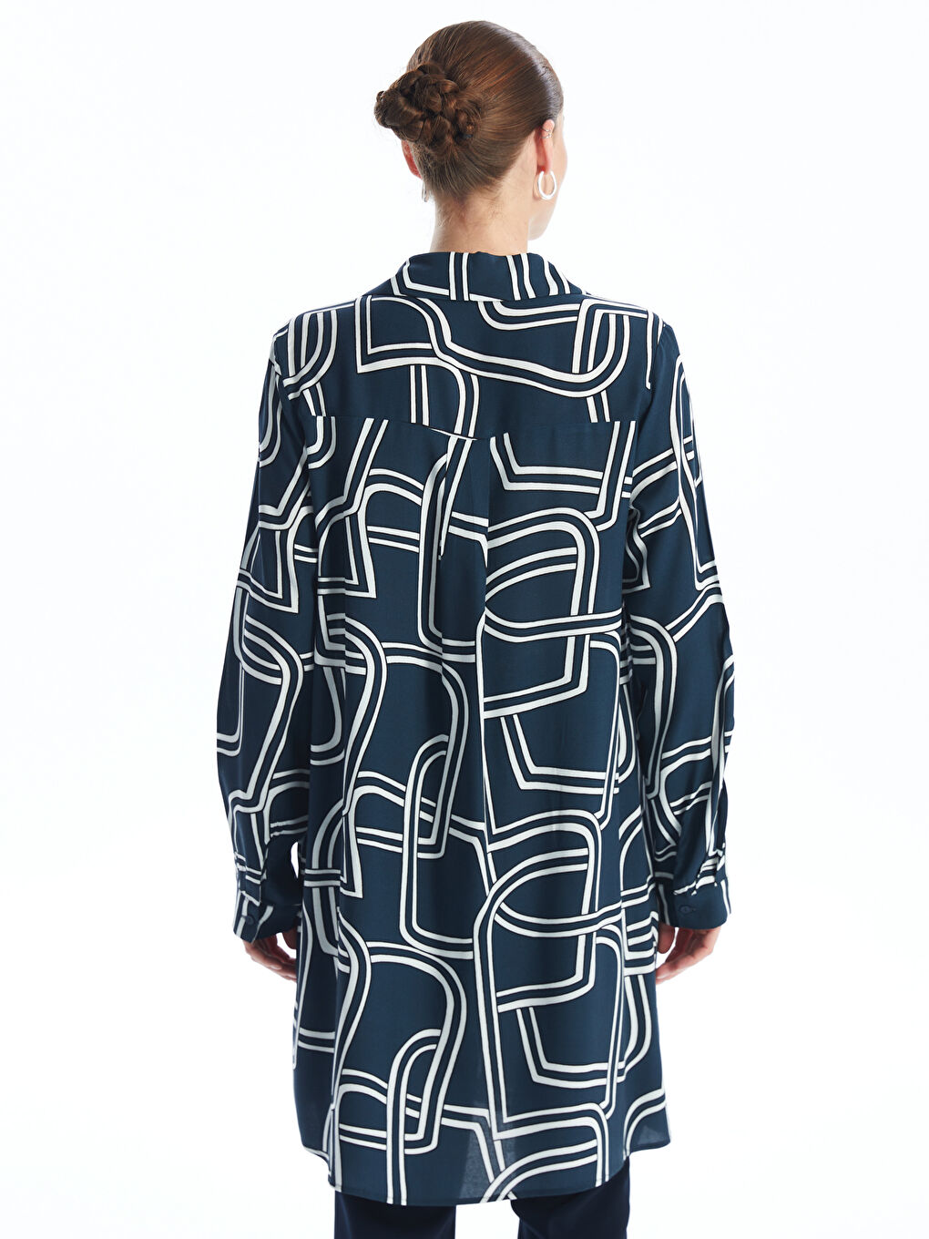 Mavi Desenli Kadın Gömlek Tunik-4