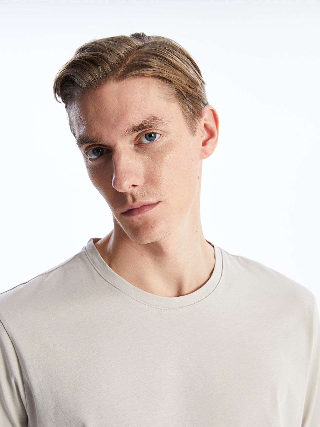 Bej Bisiklet Yaka Penye Erkek Tişört-1