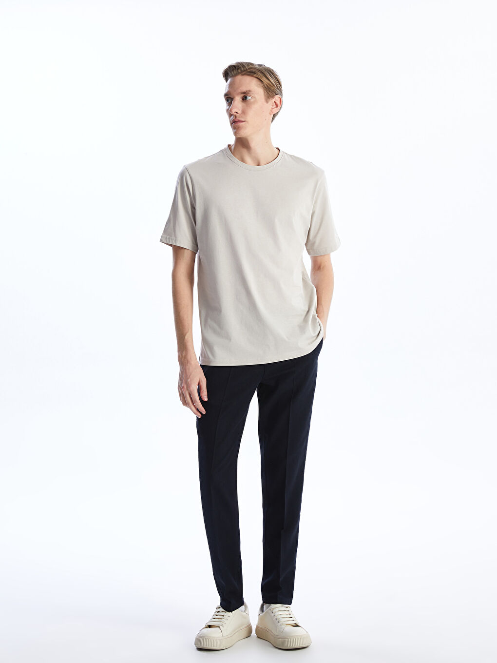 Bej Bisiklet Yaka Penye Erkek Tişört-2