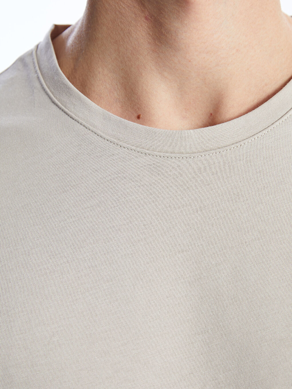 Bej Bisiklet Yaka Penye Erkek Tişört-3