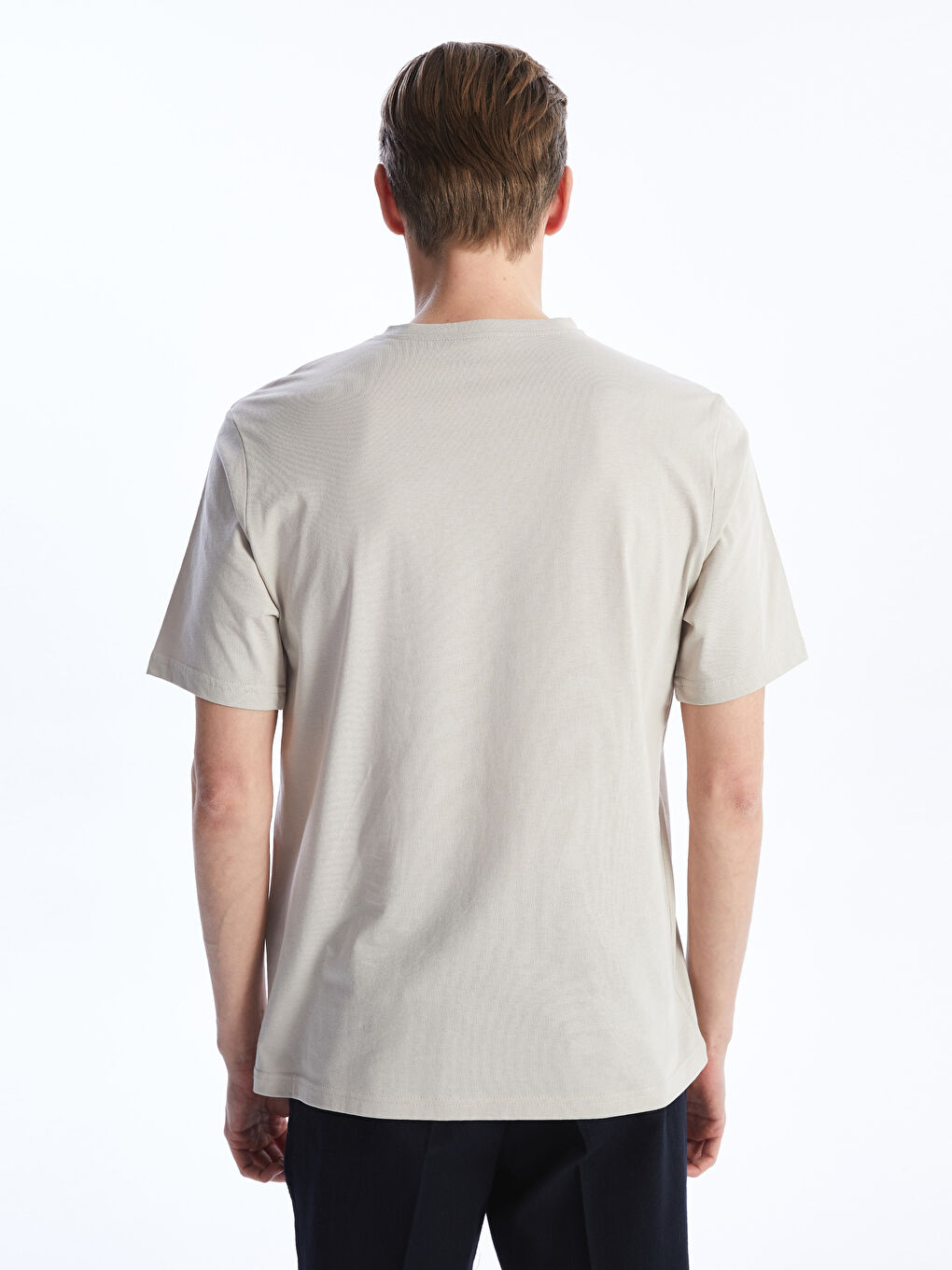 Bej Bisiklet Yaka Penye Erkek Tişört-4