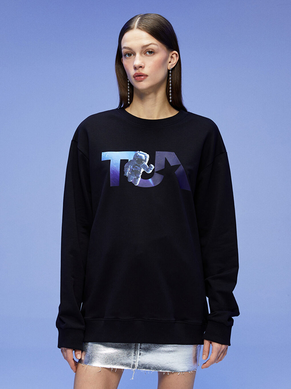 TUA Siyah Bisiklet Yaka TUA Baskılı Uzun Kollu Unisex Sweatshirt - 2