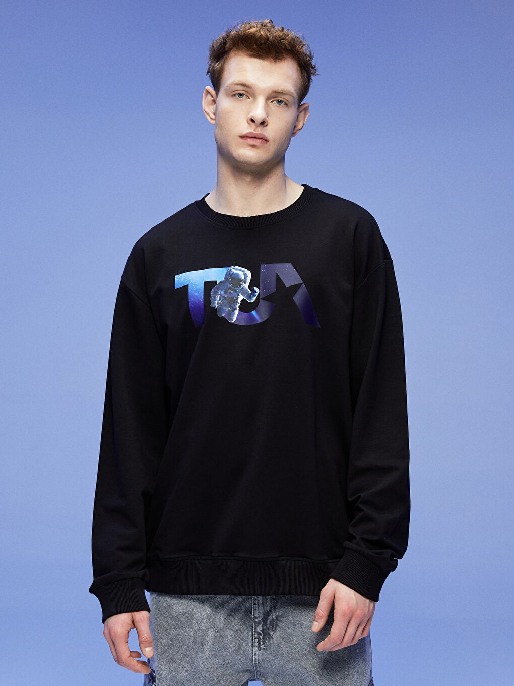 TUA Siyah Bisiklet Yaka TUA Baskılı Uzun Kollu Unisex Sweatshirt - 4