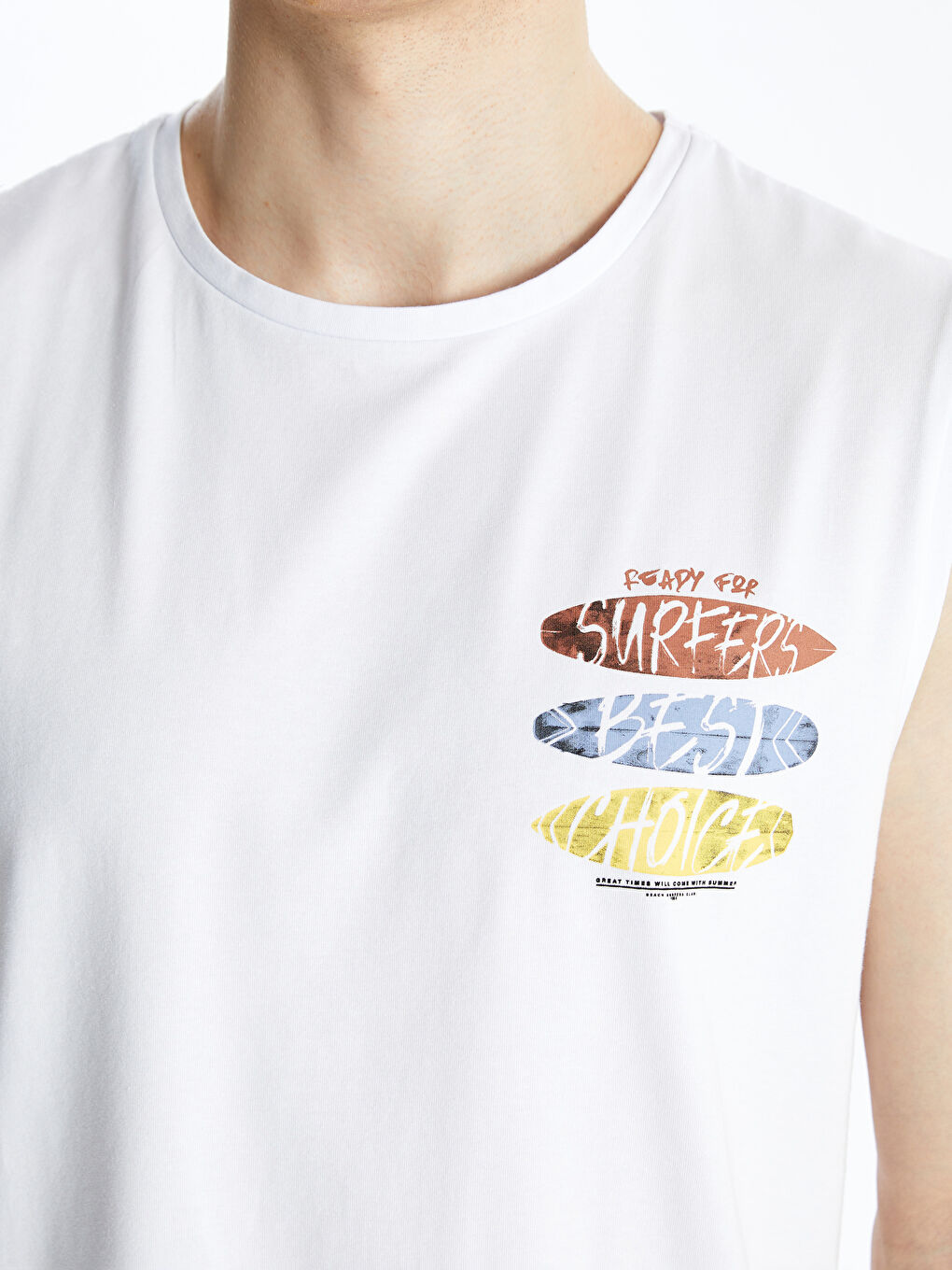 Beyaz Bisiklet Yaka Baskılı Erkek Kolsuz Tişört-3