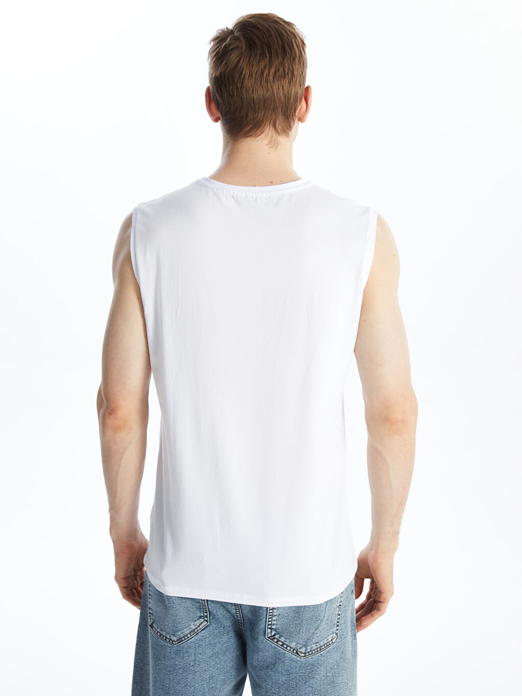 Beyaz Bisiklet Yaka Baskılı Erkek Kolsuz Tişört-4