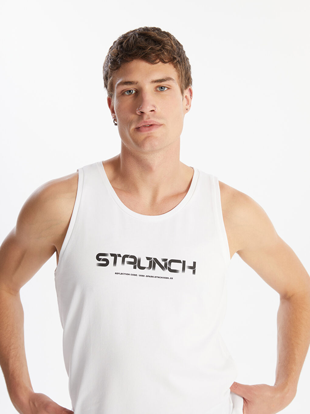 Beyaz Bisiklet Yaka Baskılı Penye Erkek Kolsuz Tişört