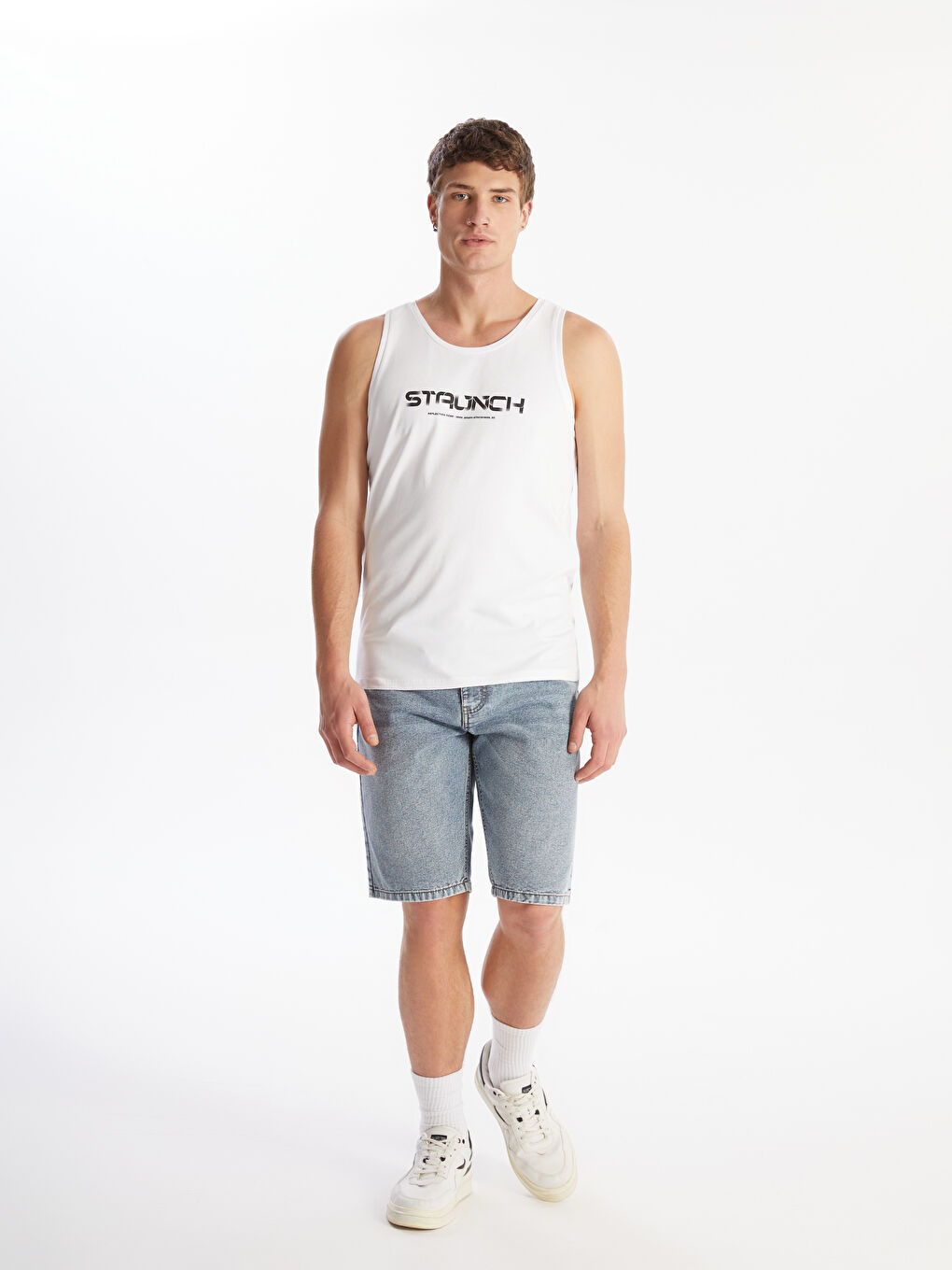 Beyaz Bisiklet Yaka Baskılı Penye Erkek Kolsuz Tişört-1