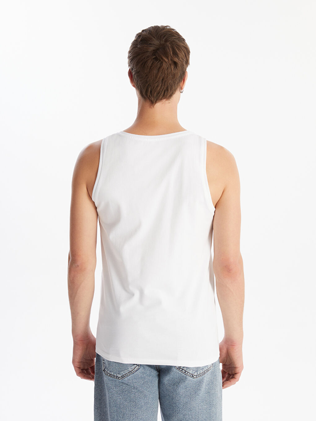 Beyaz Bisiklet Yaka Baskılı Penye Erkek Kolsuz Tişört-3