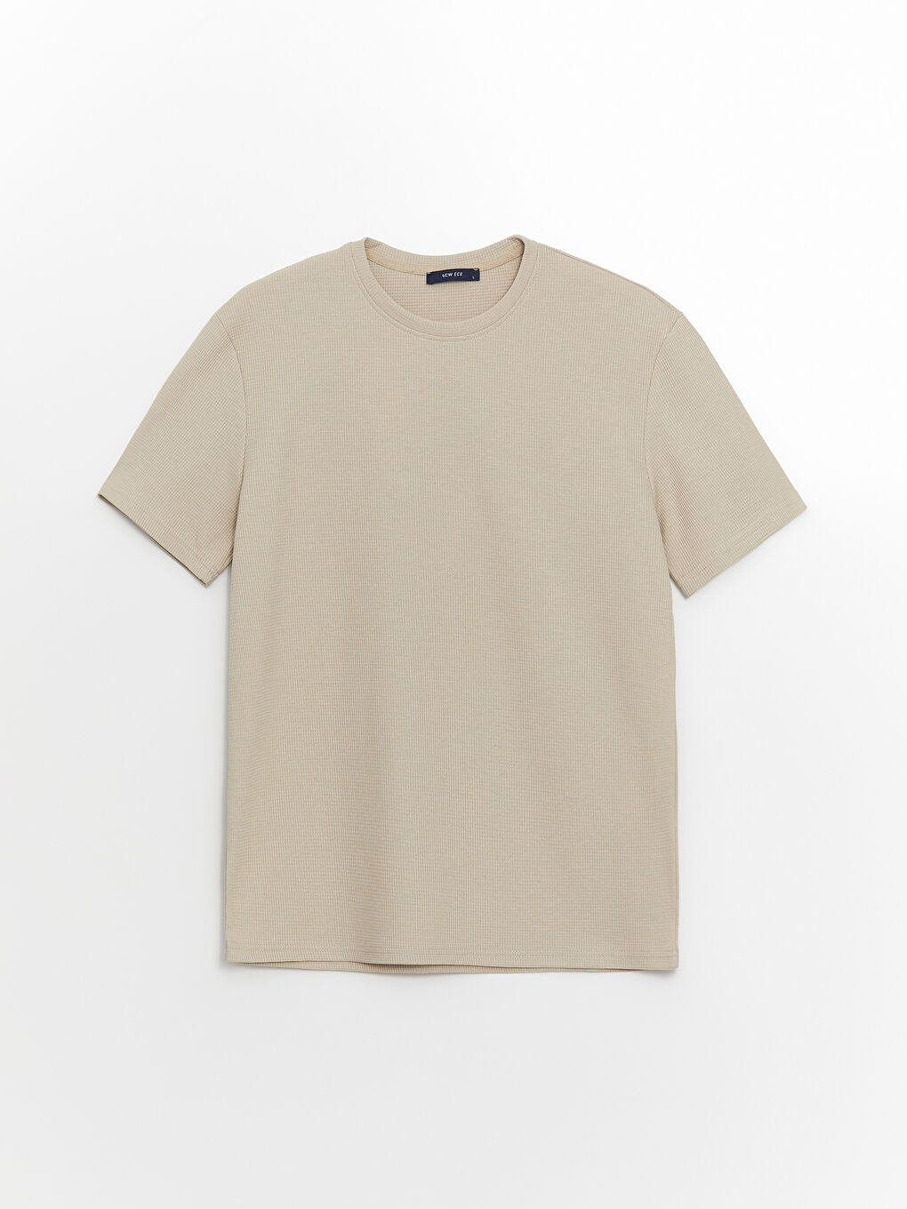 Bej Bisiklet Yaka Kısa Kollu Erkek Dokulu Tişört-5