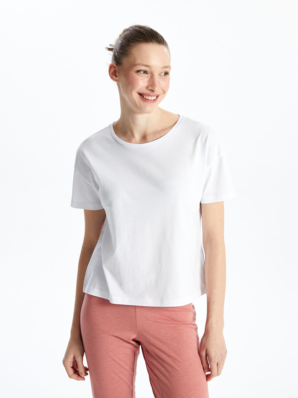 Kahverengi Bisiklet Yaka Düz Kısa Kollu Kadın Pijama Takımı-1