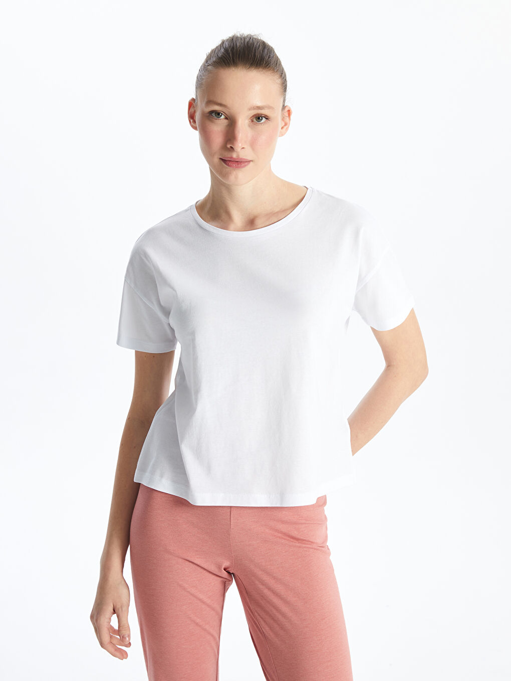 Kahverengi Bisiklet Yaka Düz Kısa Kollu Kadın Pijama Takımı-2