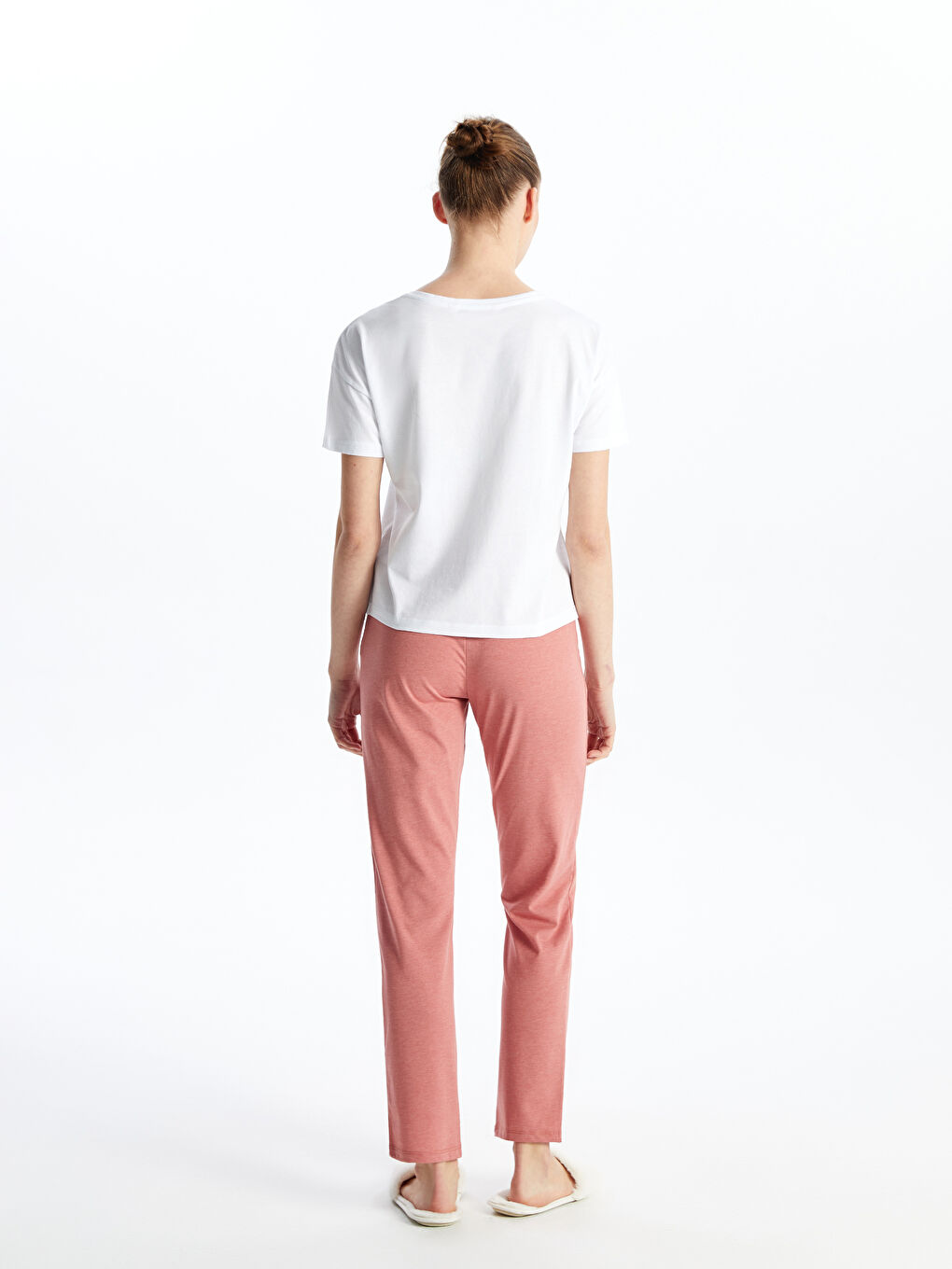 Kahverengi Bisiklet Yaka Düz Kısa Kollu Kadın Pijama Takımı-4