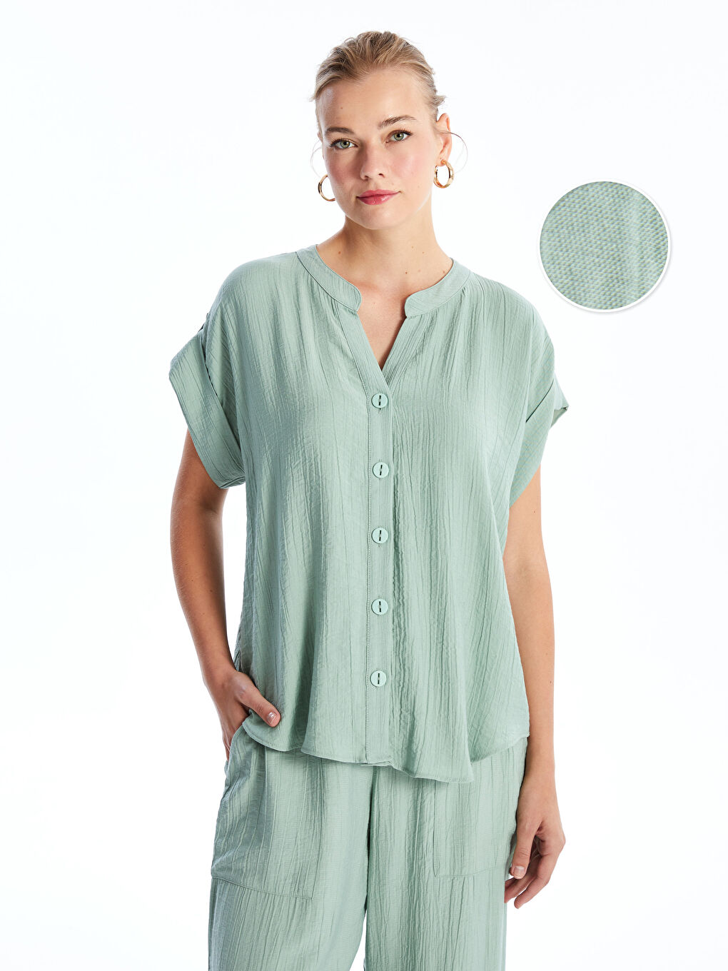 Henley Neckline Straight Short Sleeve Women Blouse -S4KG94Z8-GBZ