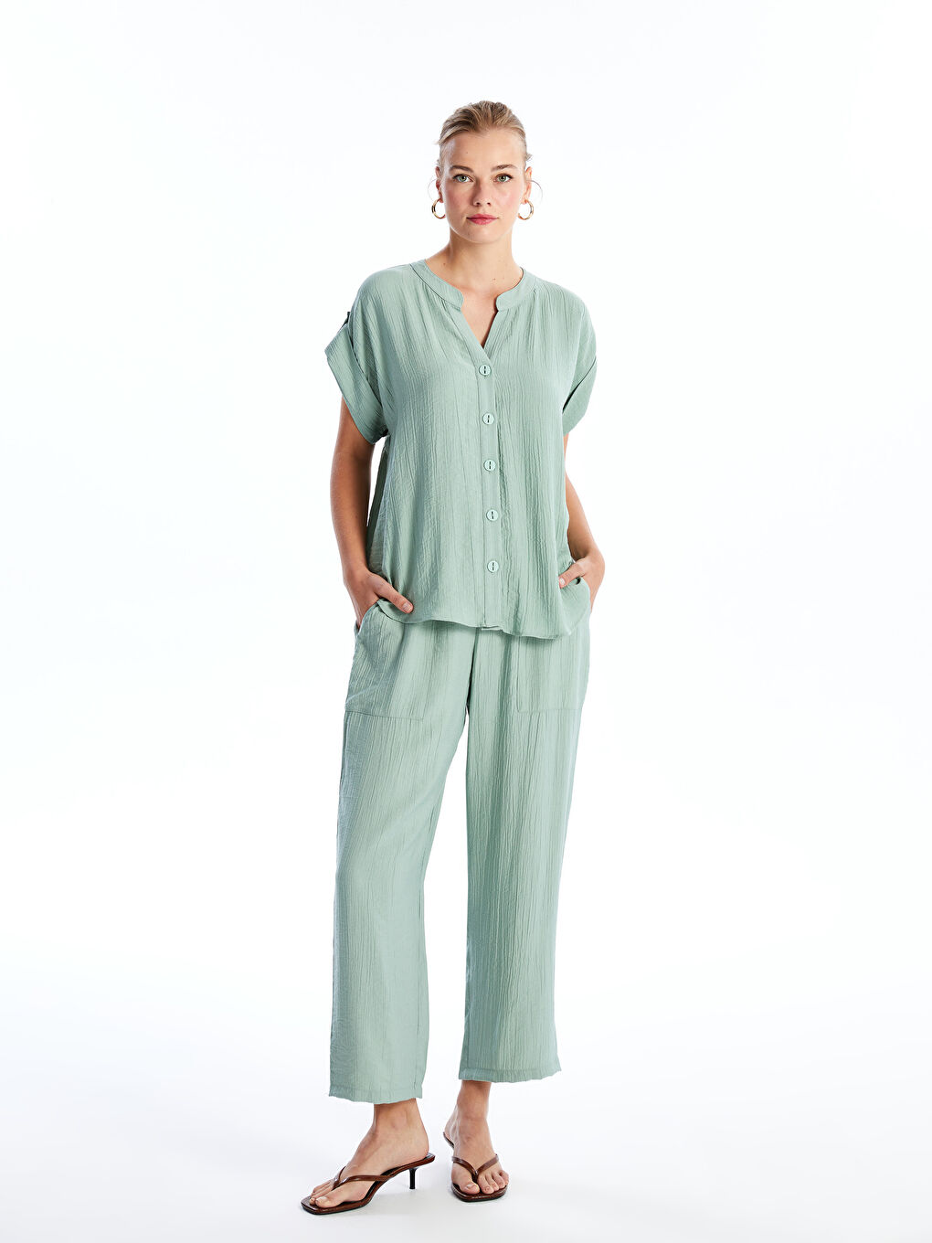 Henley Neckline Straight Short Sleeve Women Blouse -S4KG94Z8-GBZ