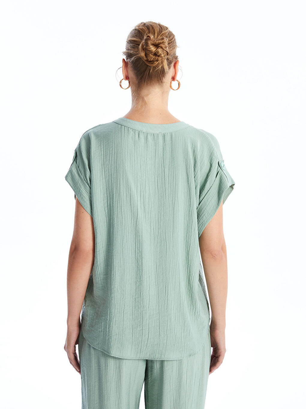 Henley Neckline Straight Short Sleeve Women Blouse -S4KG94Z8-GBZ