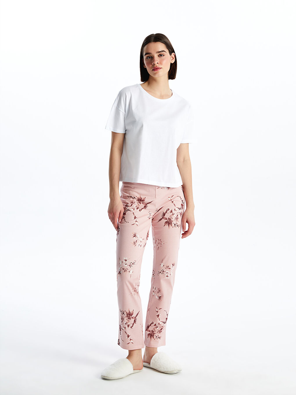 Pembe Bisiklet Yaka Baskılı Kısa Kollu Kadın Pijama Takımı