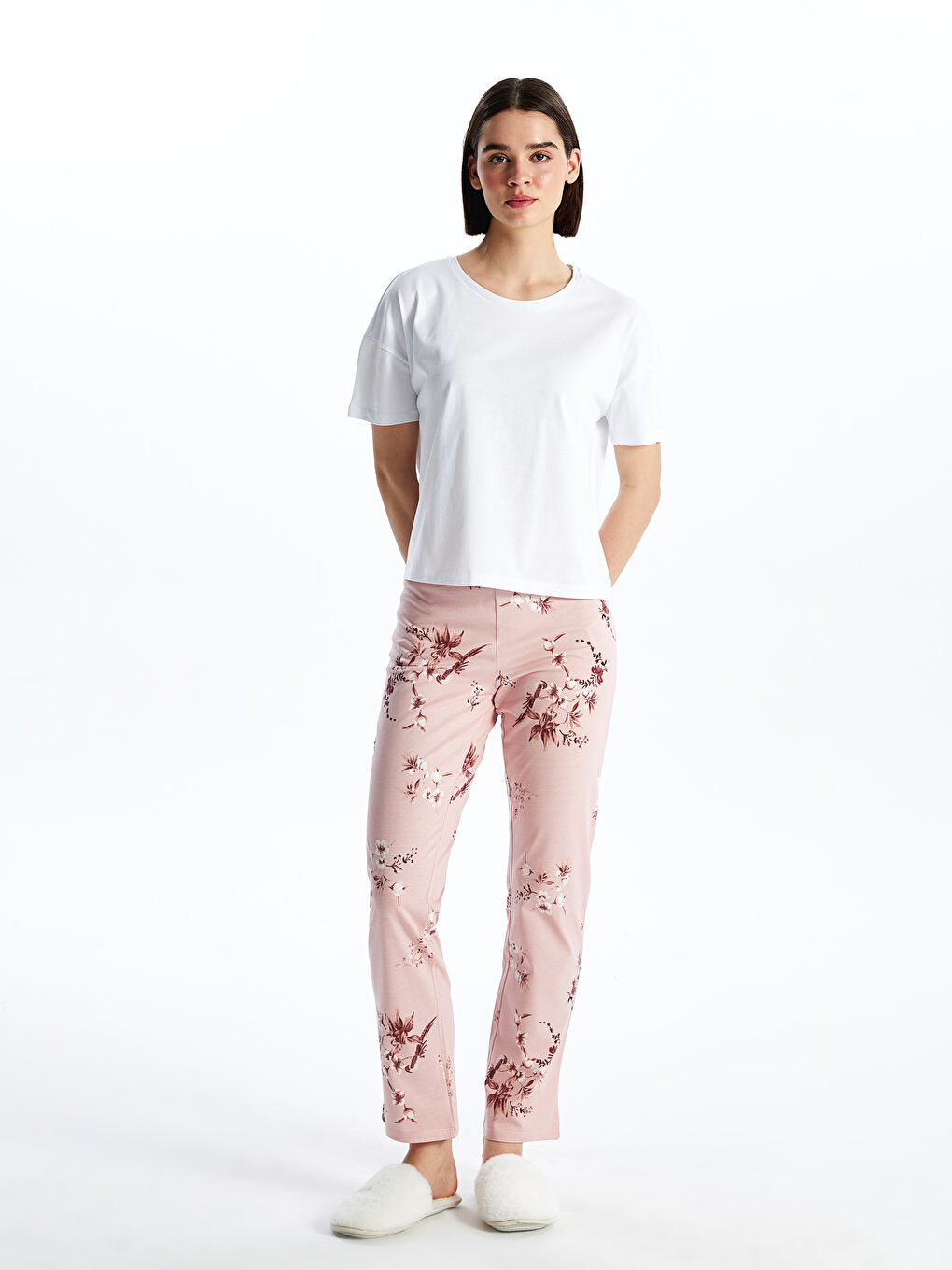 Pembe Bisiklet Yaka Baskılı Kısa Kollu Kadın Pijama Takımı-1