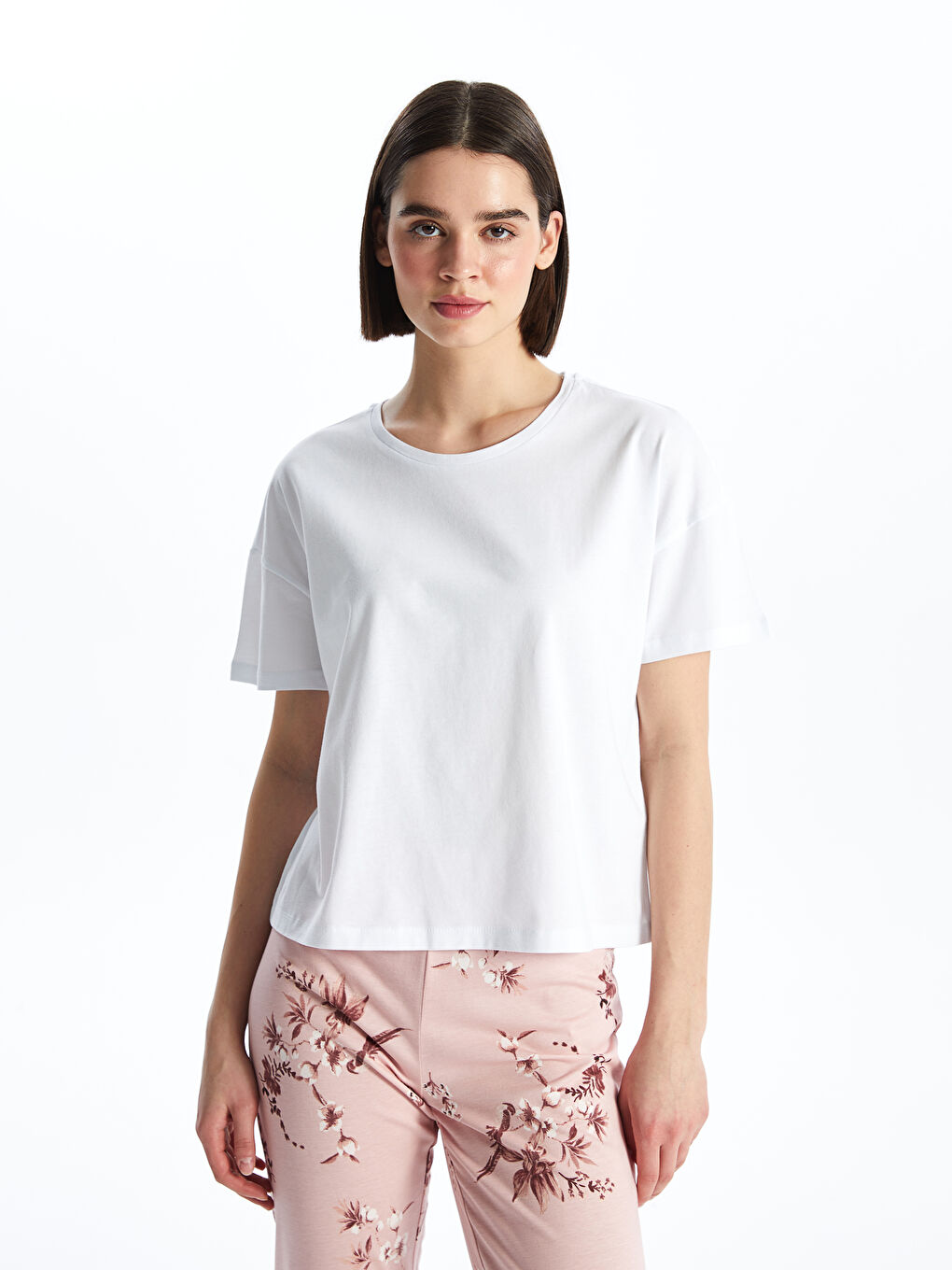 Pembe Bisiklet Yaka Baskılı Kısa Kollu Kadın Pijama Takımı-2