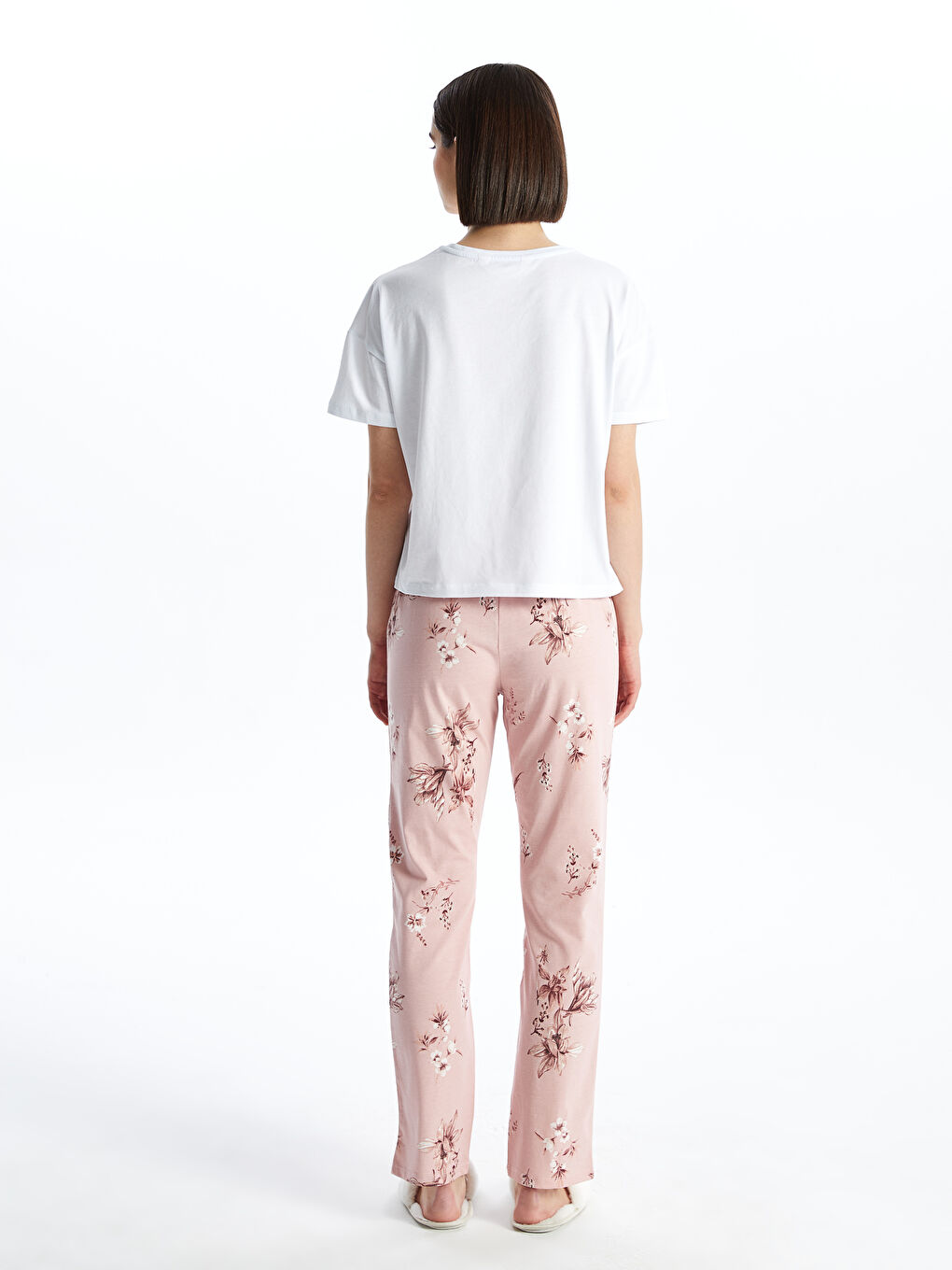 Pembe Bisiklet Yaka Baskılı Kısa Kollu Kadın Pijama Takımı-4