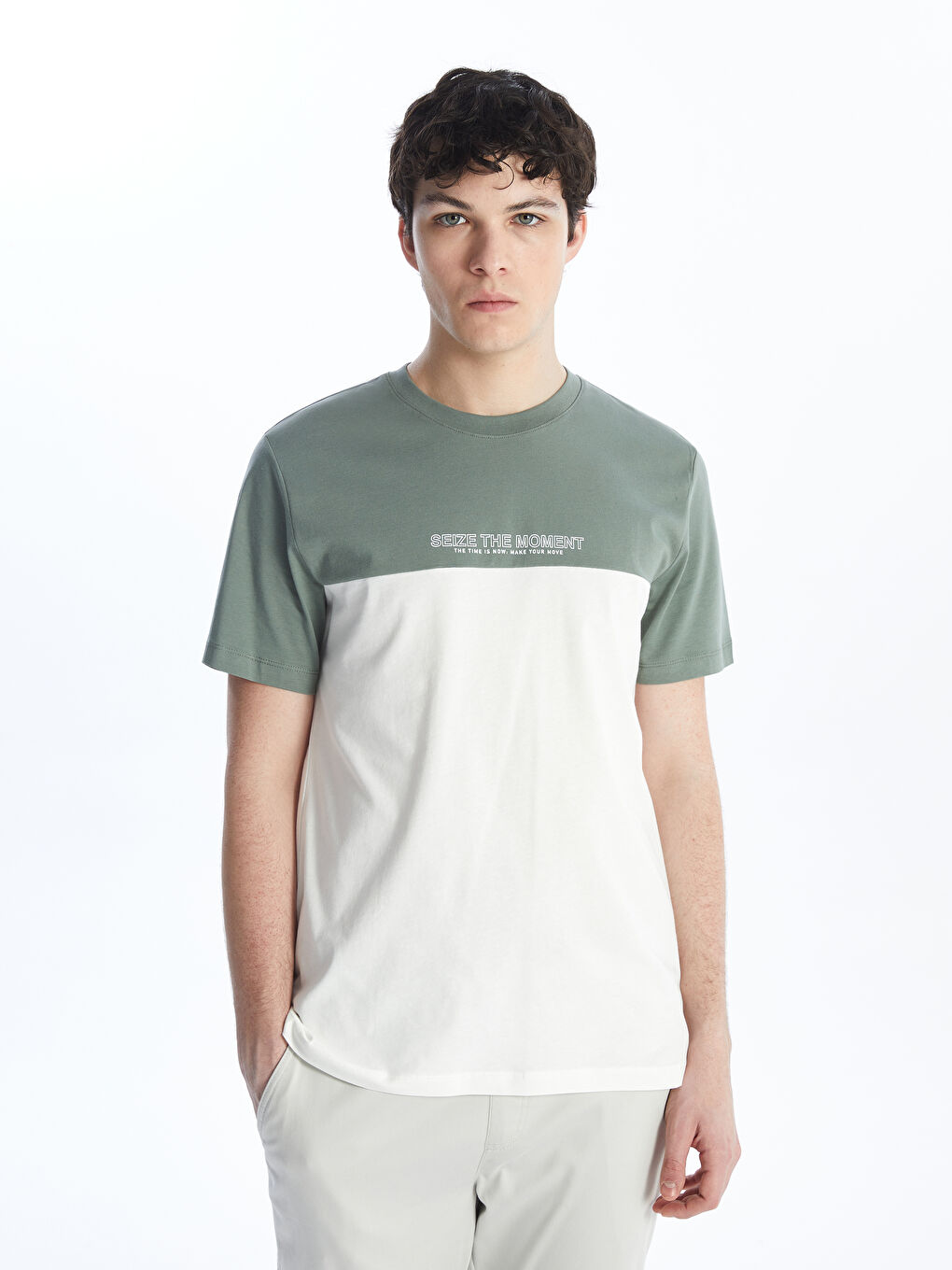Crew Neck Short Sleeve Combed Cotton Men's T-shirt with Color Block -S4KJ46Z8-S0H