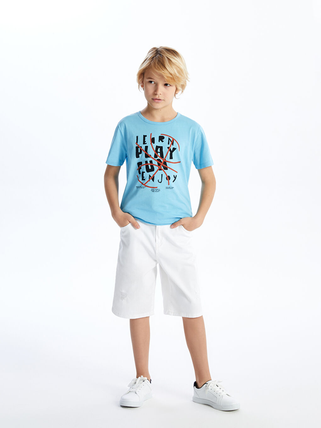 Mavi Bisiklet Yaka Baskılı Kısa Kollu Erkek Çocuk Tişört-1