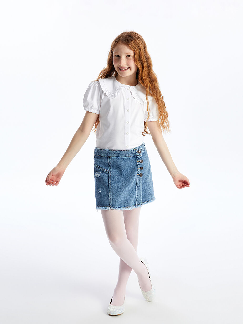 Beyaz Bebe Yaka Kısa Kollu Kız Çocuk Gömlek-1