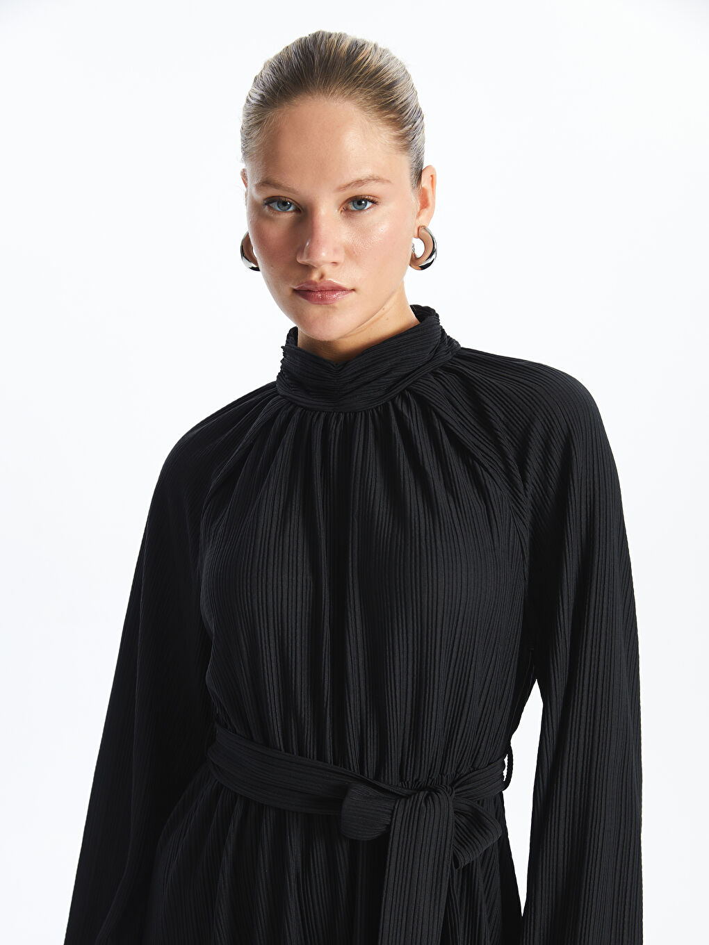 Siyah Balıkçı Yaka Düz Uzun Kollu Kadın Elbise-2