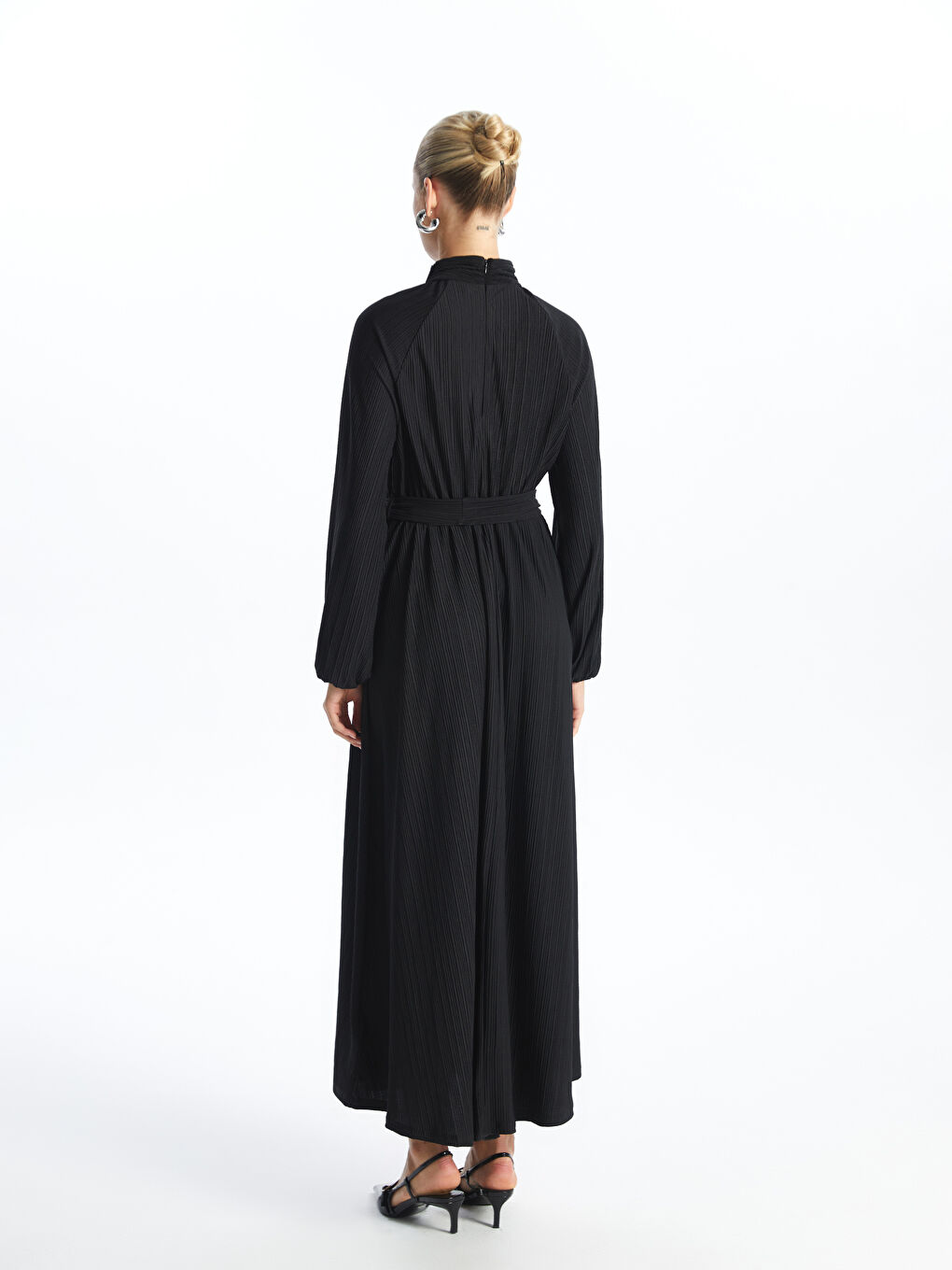 Siyah Balıkçı Yaka Düz Uzun Kollu Kadın Elbise-4