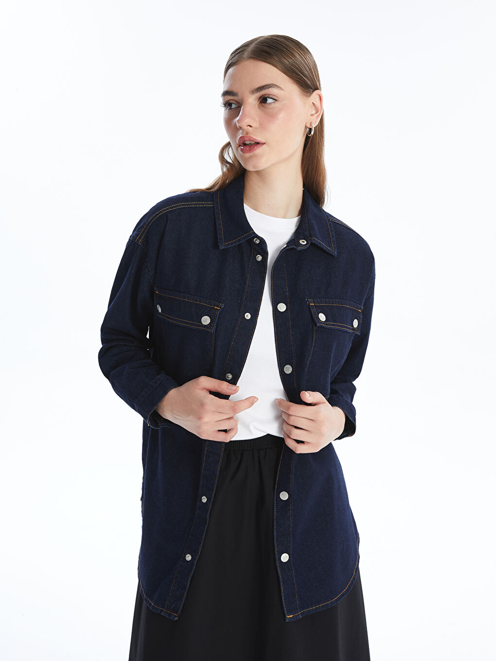 İndigo Oversize Kadın Jean Gömlek Ceket