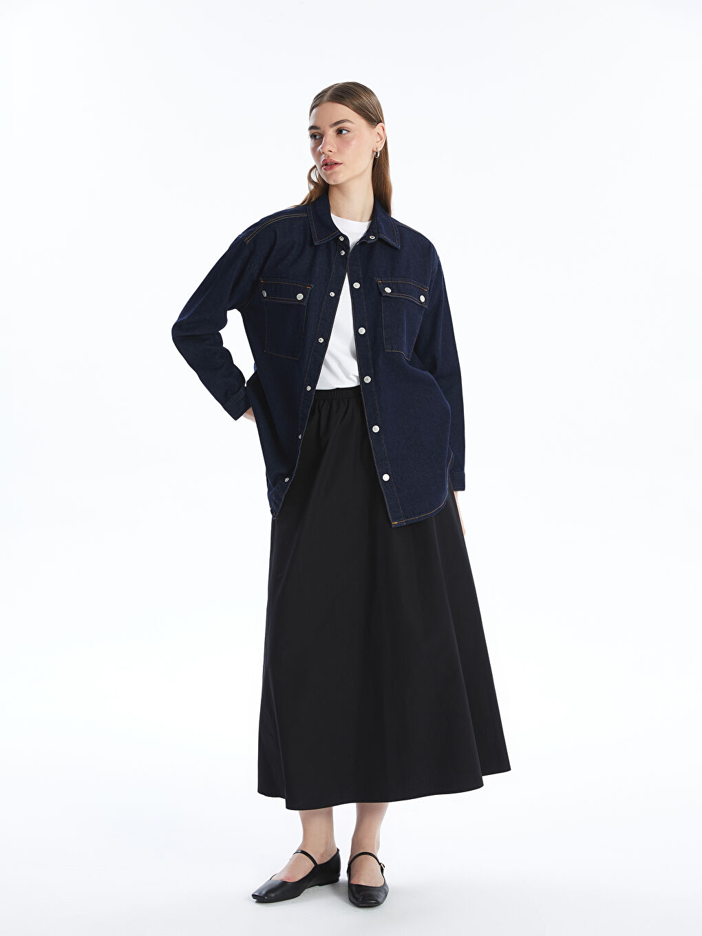 İndigo Oversize Kadın Jean Gömlek Ceket-1