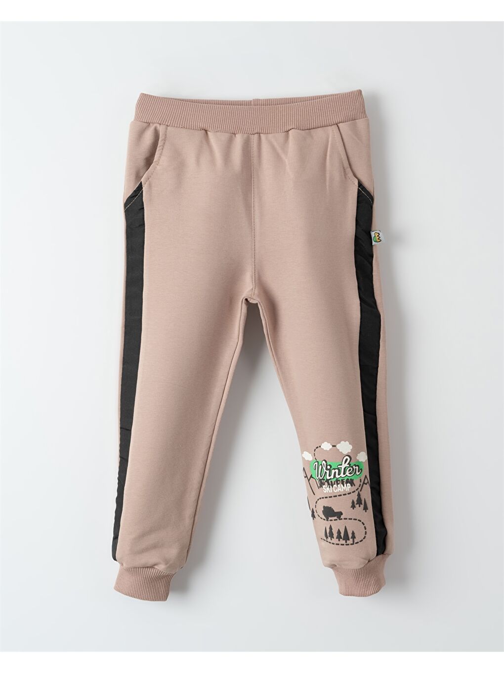 Bej Beli Lastikli Baskılı Erkek Bebek Jogger Eşofman Altı