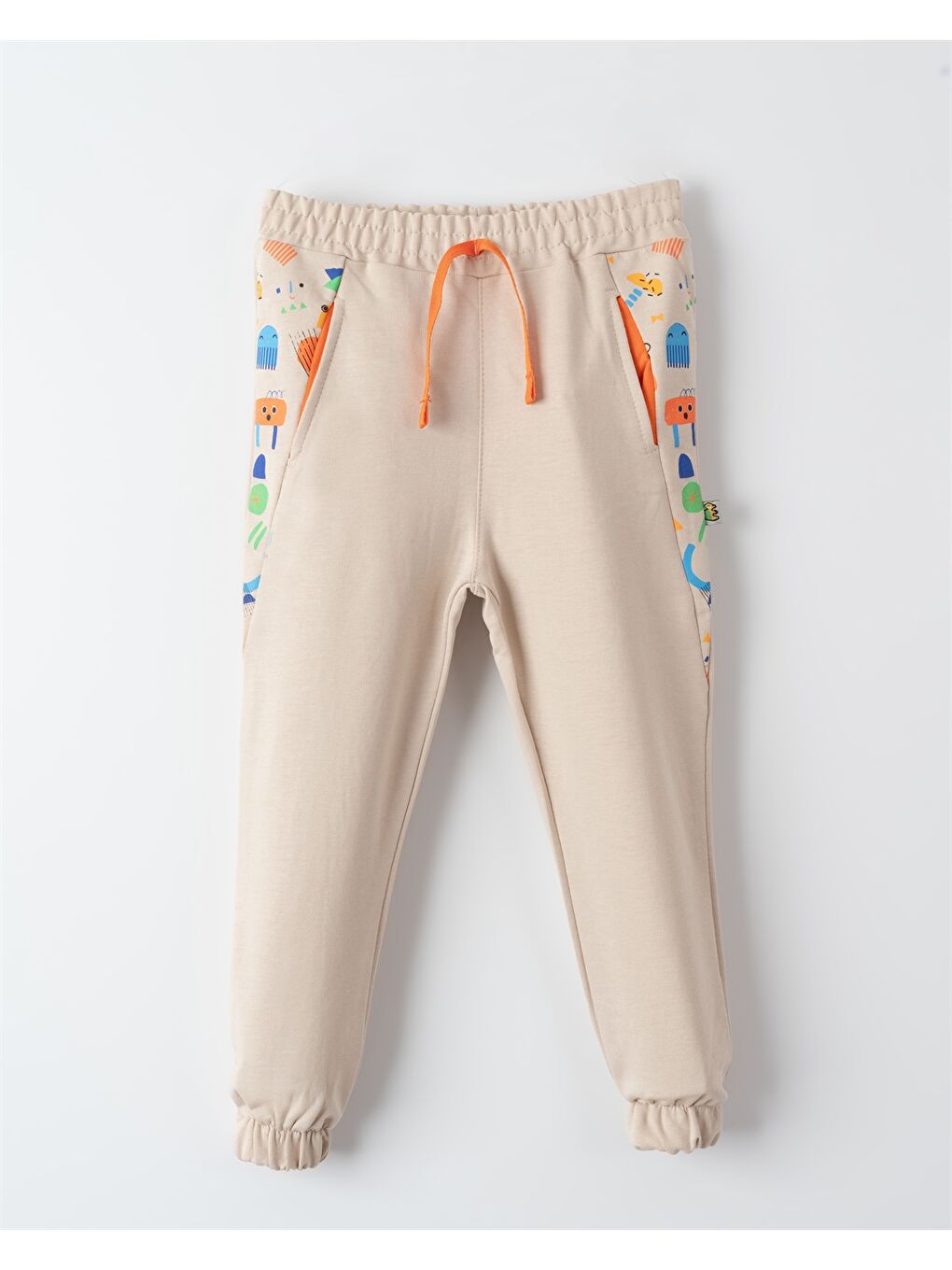Bej Beli Lastikli Desenli Erkek Bebek Jogger Eşofman Altı