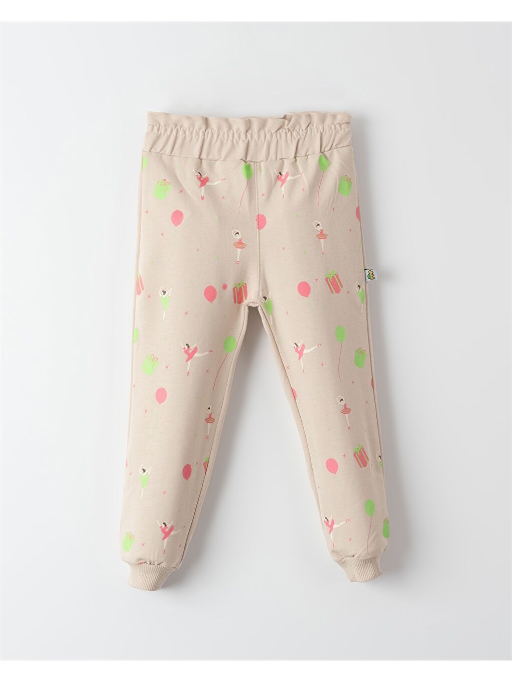 Bej Beli Lastikli Desenli Kız Bebek Jogger Eşofman Alt