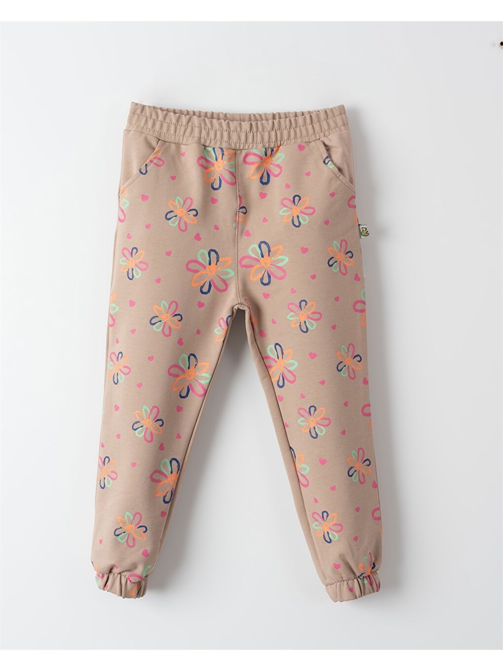 Bej Beli Lastikli Desenli Kız Bebek Jogger Eşofman Alt
