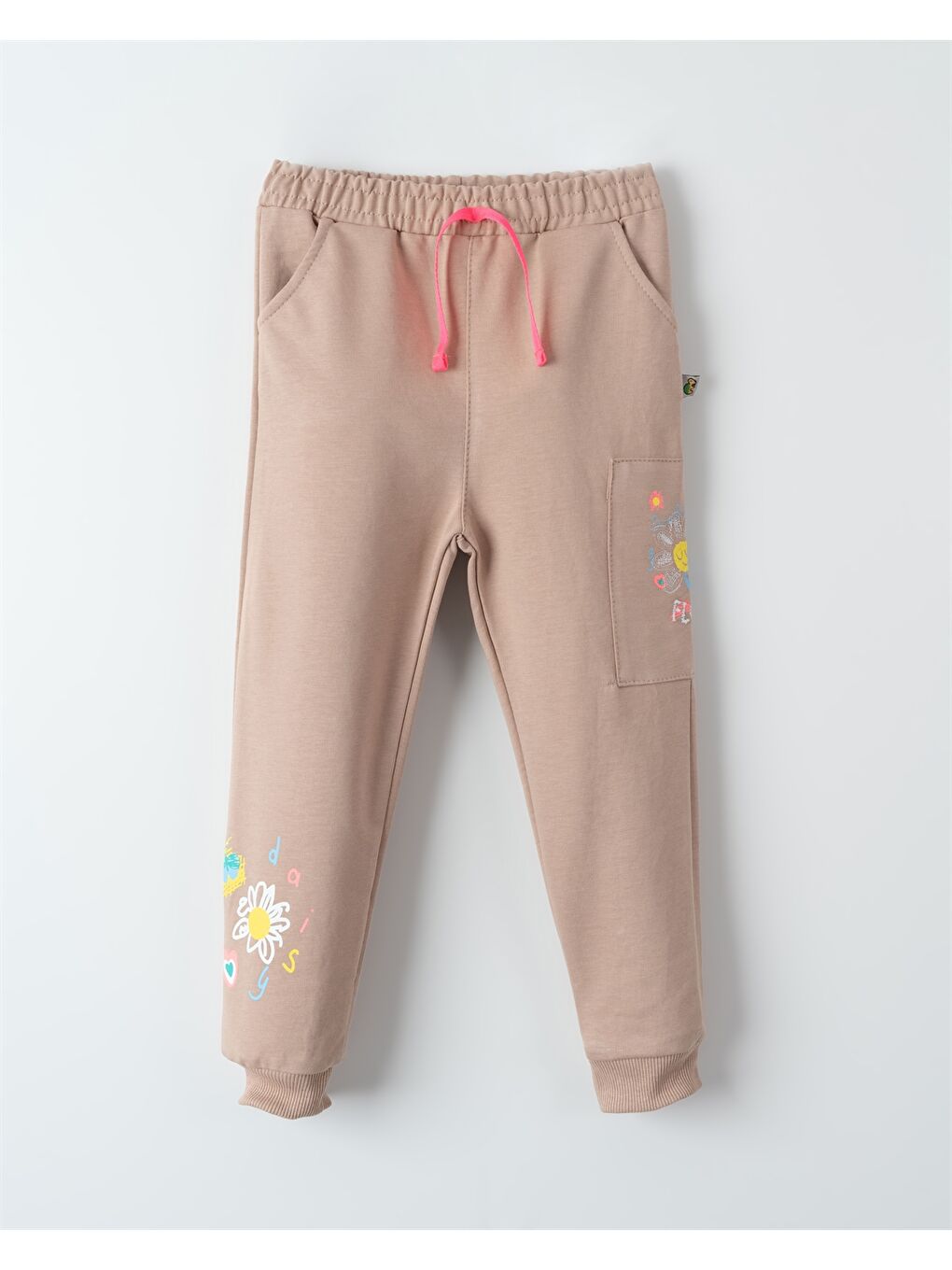 Bej Beli Lastikli Baskılı Kız Çocuk Jogger Eşofman Altı