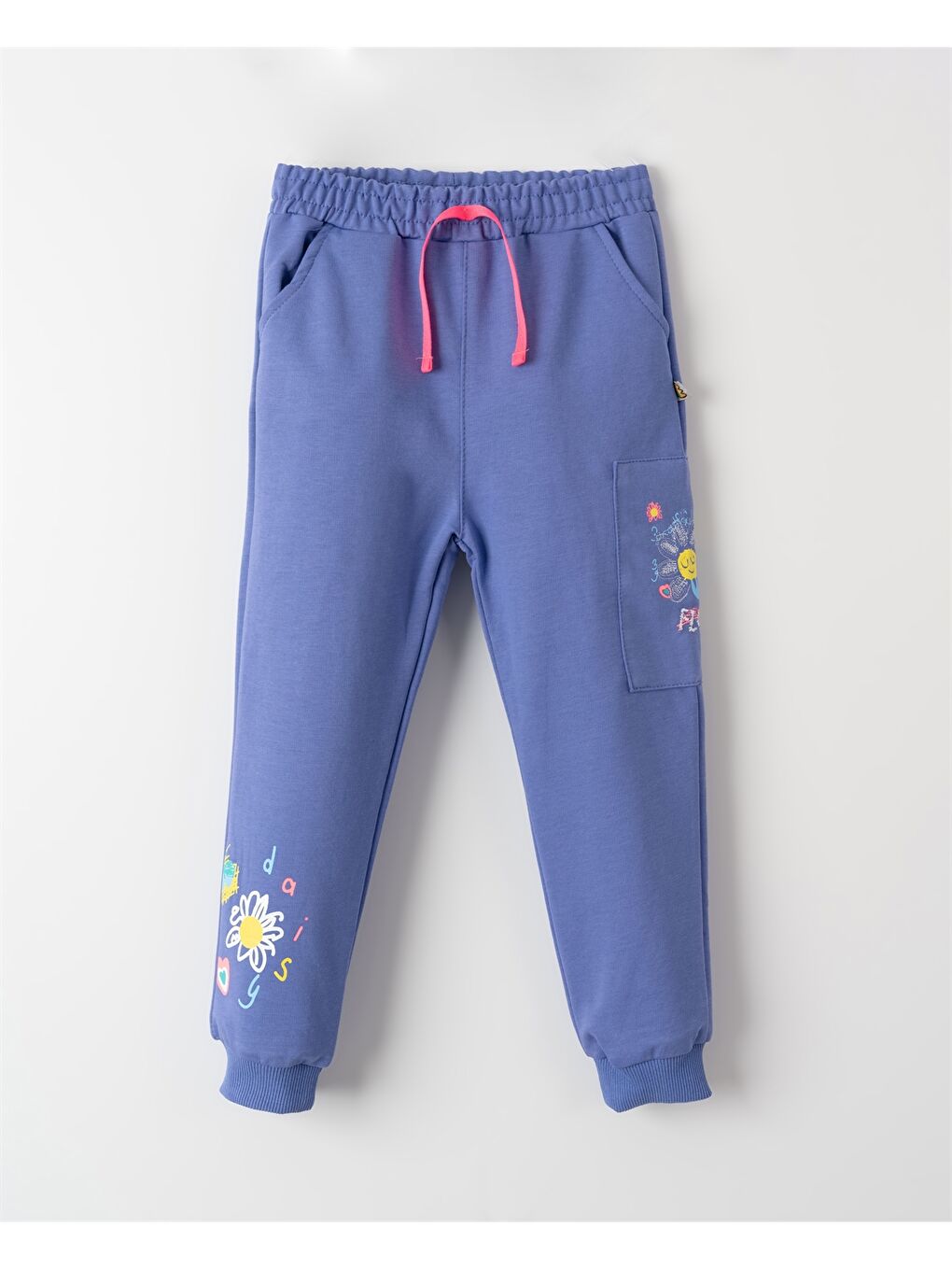 Mavi Beli Lastikli Baskılı Kız Çocuk Jogger Eşofman Altı