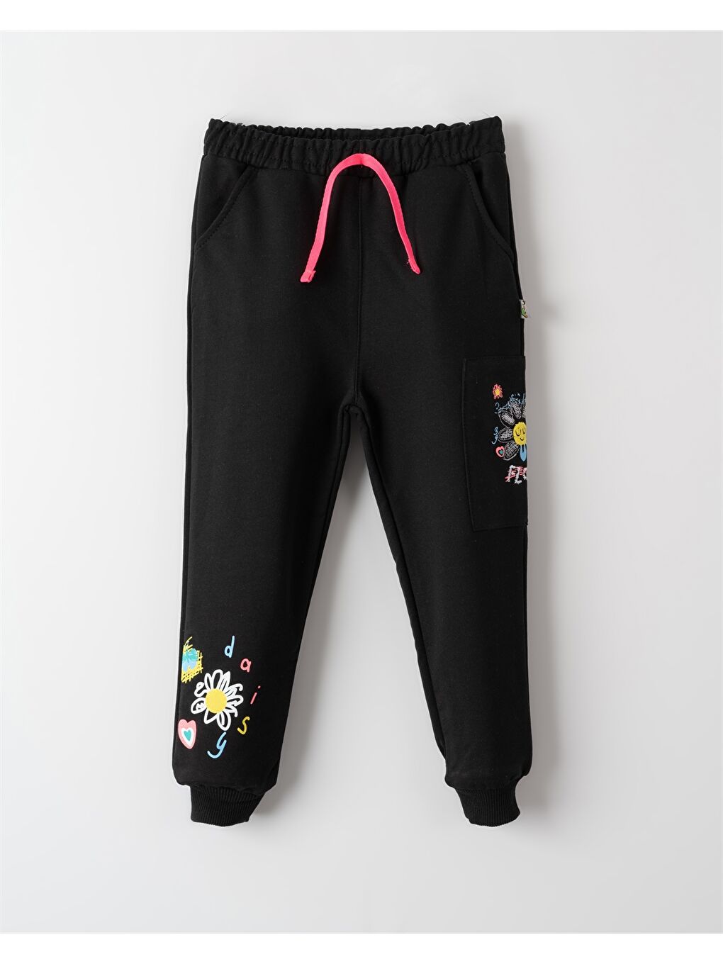 Siyah Beli Lastikli Baskılı Kız Çocuk Jogger Eşofman Altı