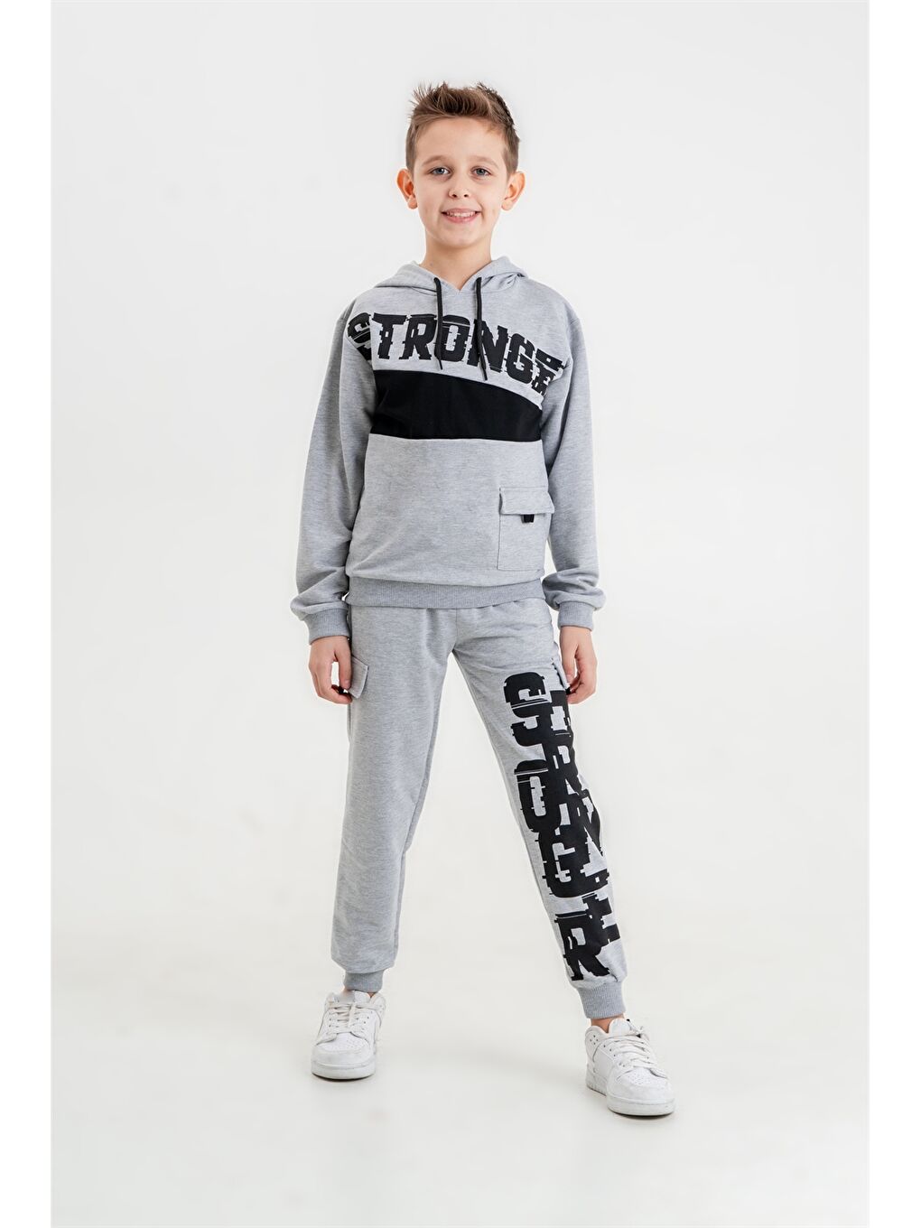 Gri Baskılı Uzun Kollu Erkek Çocuk Hoodie ve Eşofman Altı