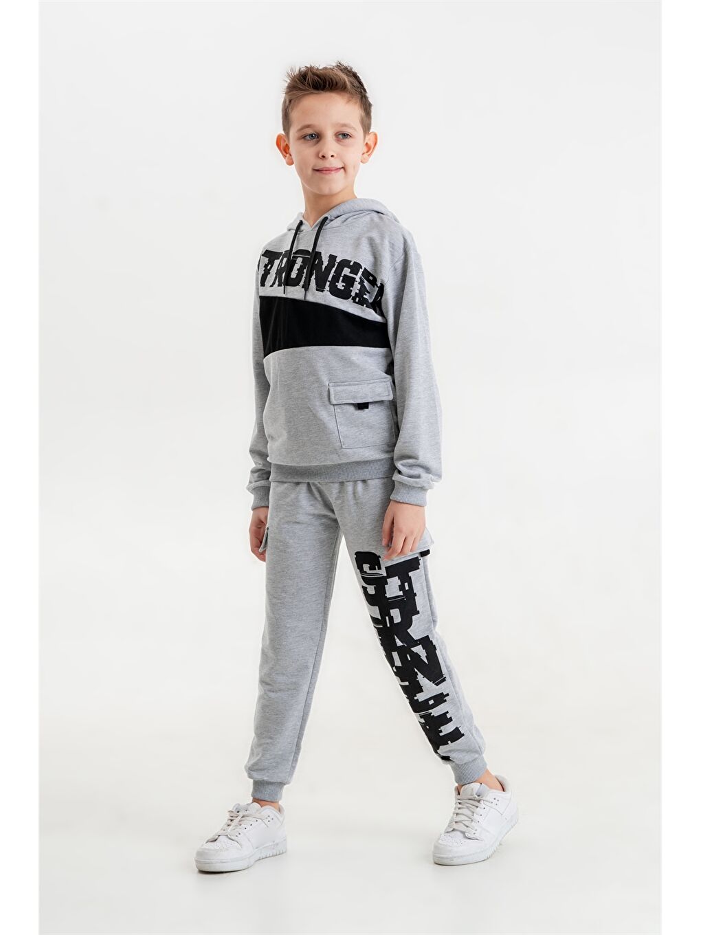 Gri Baskılı Uzun Kollu Erkek Çocuk Hoodie ve Eşofman Altı-1