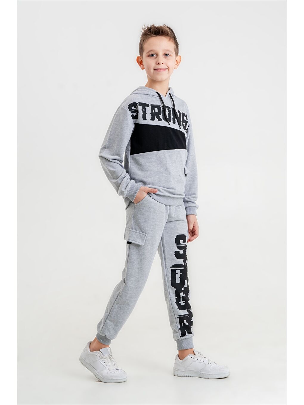 Gri Baskılı Uzun Kollu Erkek Çocuk Hoodie ve Eşofman Altı-2