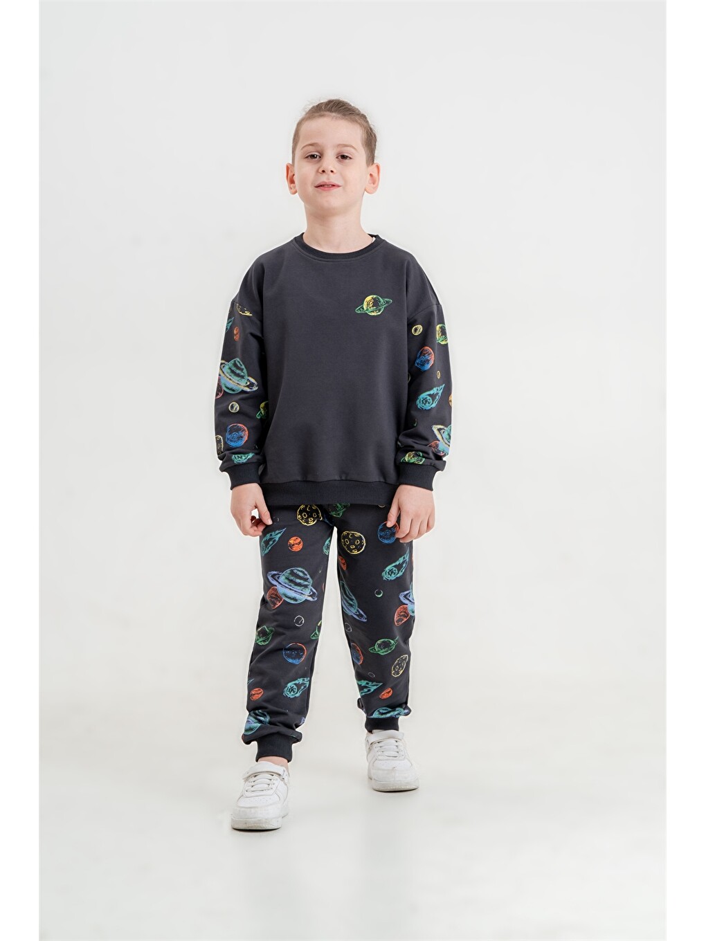 Gri Bisiklet Yaka Erkek Çocuk Sweatshirt Ve Eşofman Alt 2'li Takım