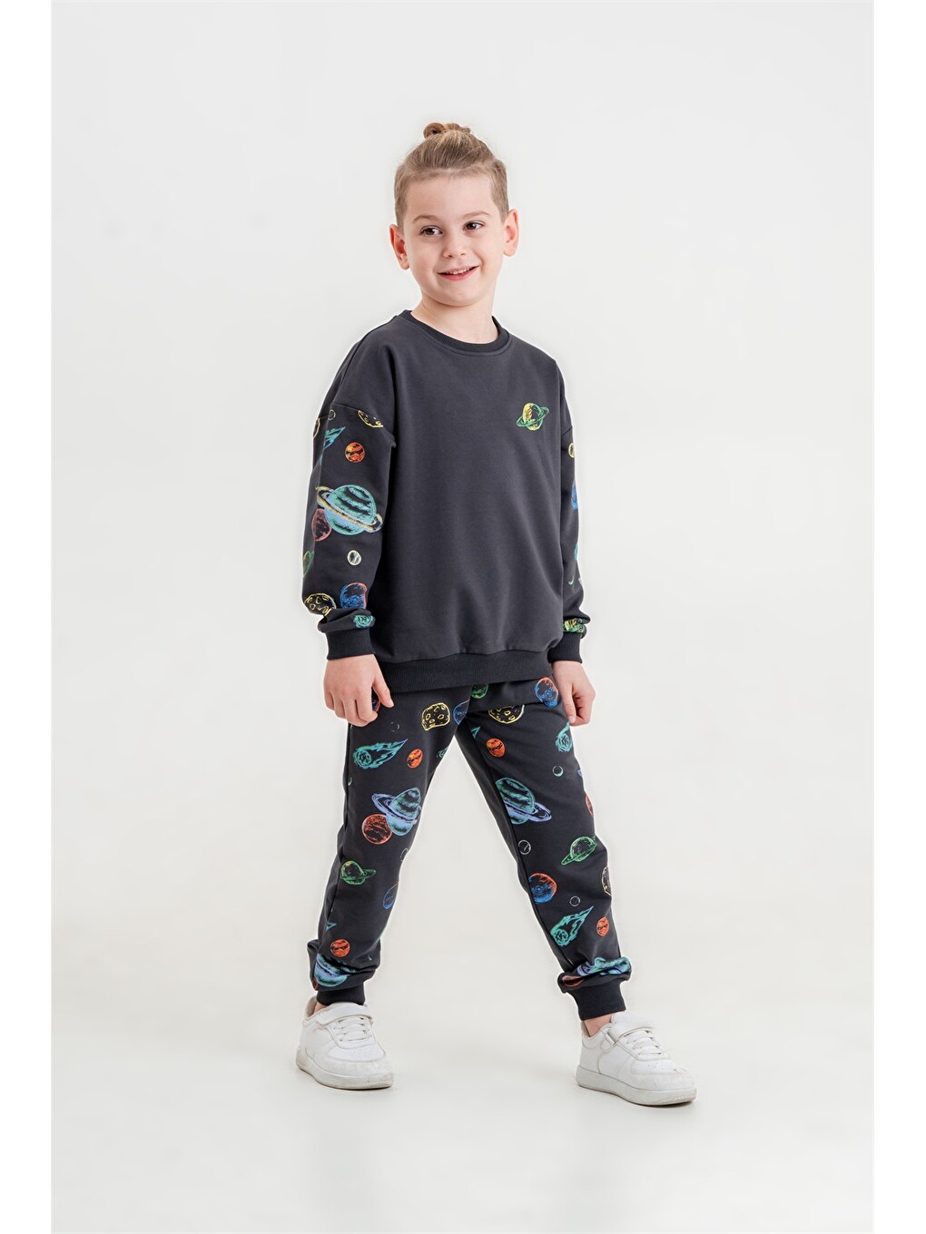 Gri Bisiklet Yaka Erkek Çocuk Sweatshirt Ve Eşofman Alt 2'li Takım-1