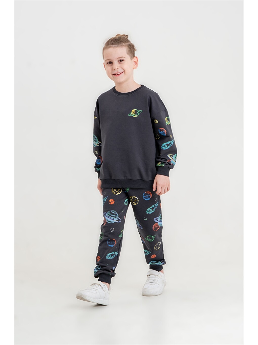 Gri Bisiklet Yaka Erkek Çocuk Sweatshirt Ve Eşofman Alt 2'li Takım-2