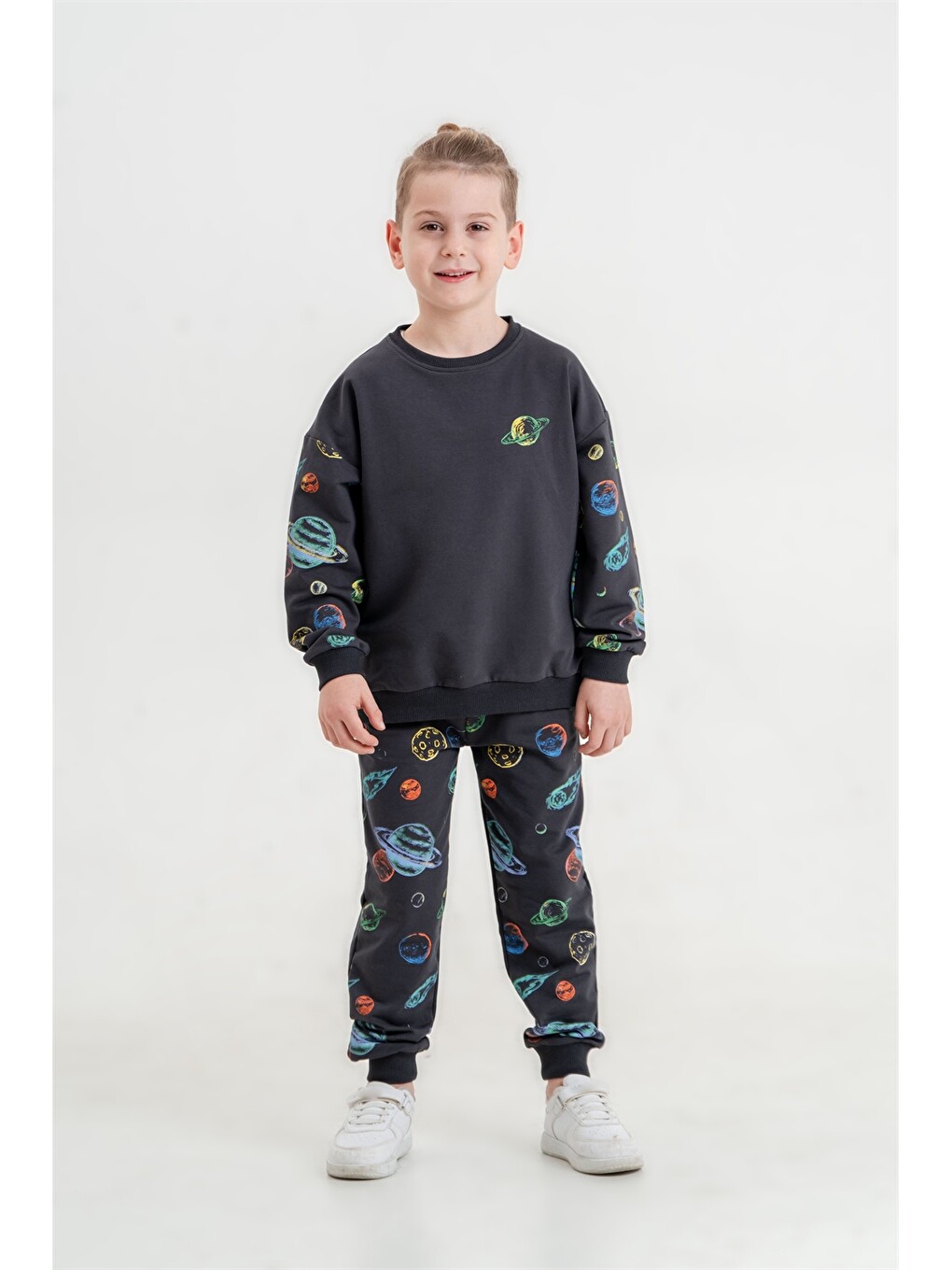Gri Bisiklet Yaka Erkek Çocuk Sweatshirt Ve Eşofman Alt 2'li Takım-3
