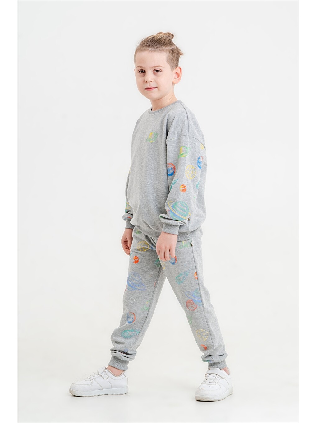 Gri Bisiklet Yaka Erkek Çocuk Sweatshirt Ve Eşofman Alt 2'li Takım-1