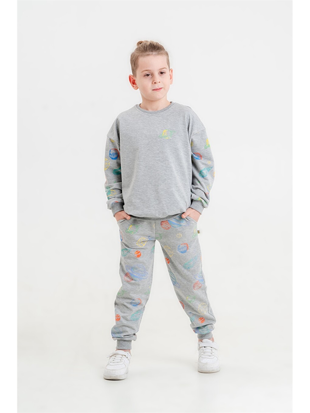 Gri Bisiklet Yaka Erkek Çocuk Sweatshirt Ve Eşofman Alt 2'li Takım-2