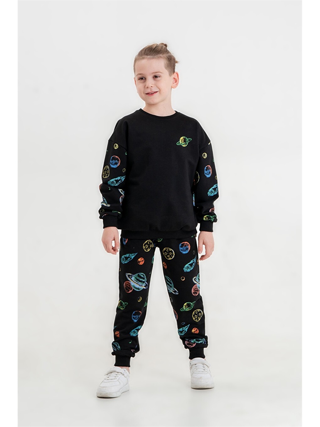 Siyah Bisiklet Yaka Erkek Çocuk Sweatshirt Ve Eşofman Alt 2'li Takım