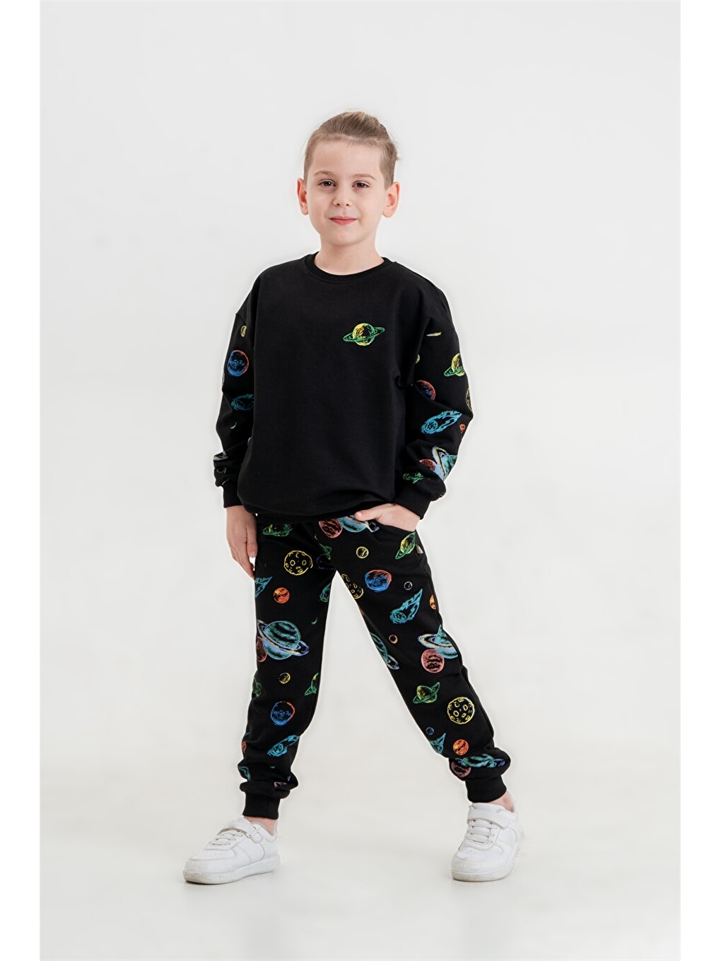 Siyah Bisiklet Yaka Erkek Çocuk Sweatshirt Ve Eşofman Alt 2'li Takım-1