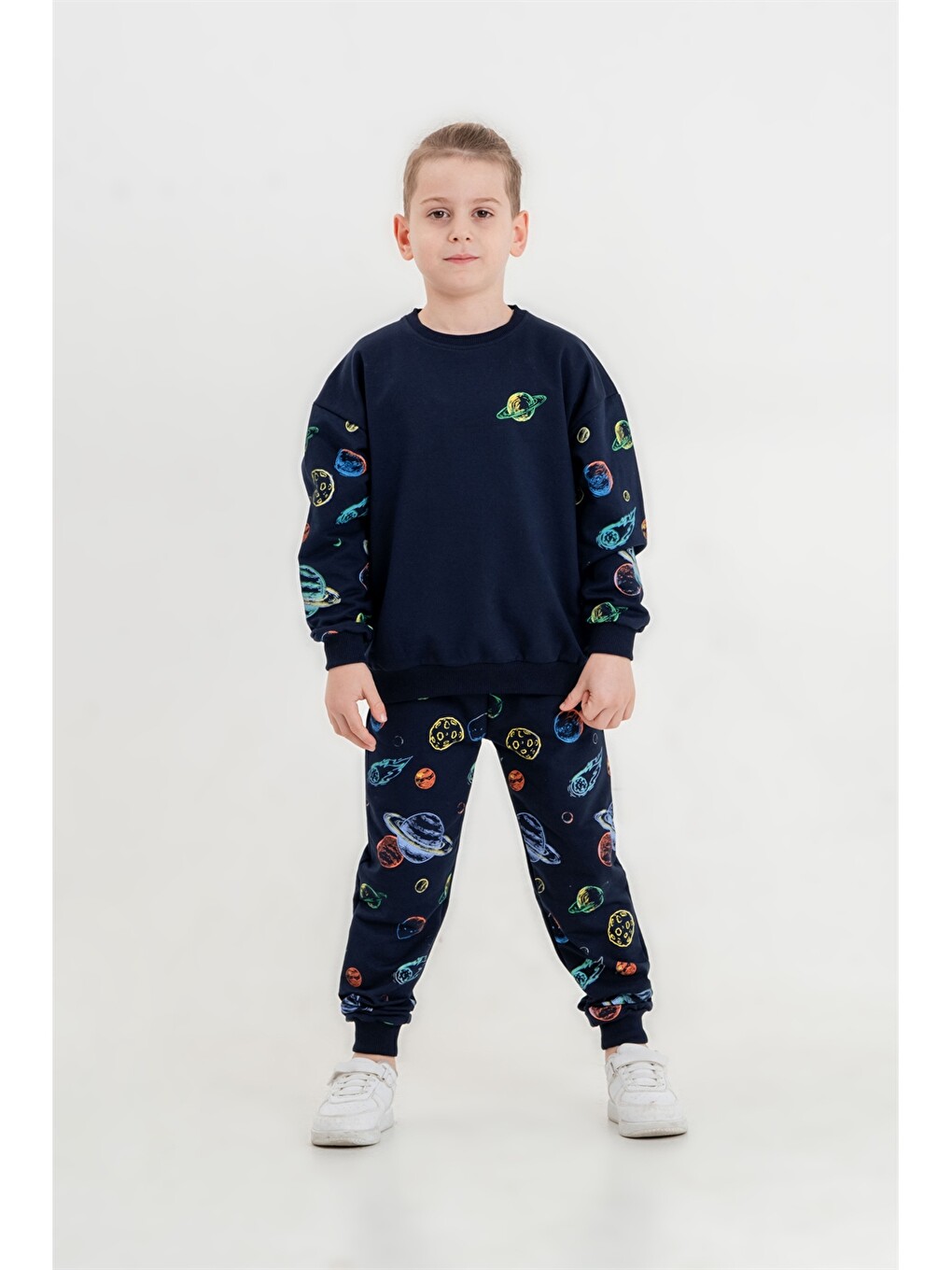 Lacivert Bisiklet Yaka Erkek Çocuk Sweatshirt Ve Eşofman Alt 2'li Takım